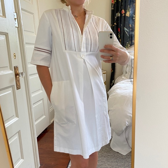 VINCE Lattice Lace Bib Cotton Poplin Shift Dress - Picture 2 of 16